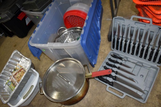 Tote Containing Assorted Cookware, Cabela's Knife Set, Food Storage Containers