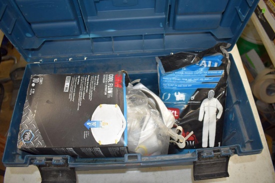 Rubbermaid Tool Box Containing Rubber Gloves, 3M Respirator, Heavy Duty Coverall