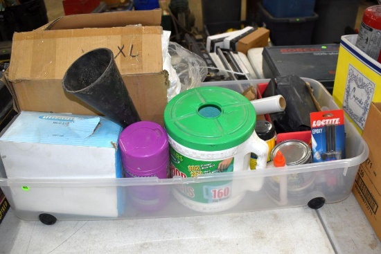 Tub of Assorted Protective Gear, Cleaning Items, Contractor Bags