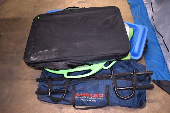 Assorted Snow Sleds, Pull Up Bar, Air Mattress, Air Mattress Pumps
