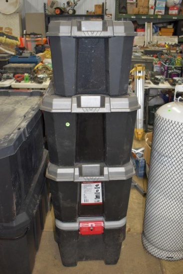 (4) Husky Hinged Latching Totes: (3) 30 Gallon, (1) 20 Gallon