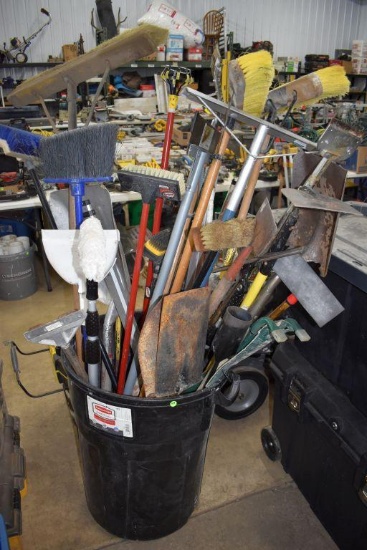 Assortment of Handled Tools: Brooms, Push Brooms, Shovels, and More