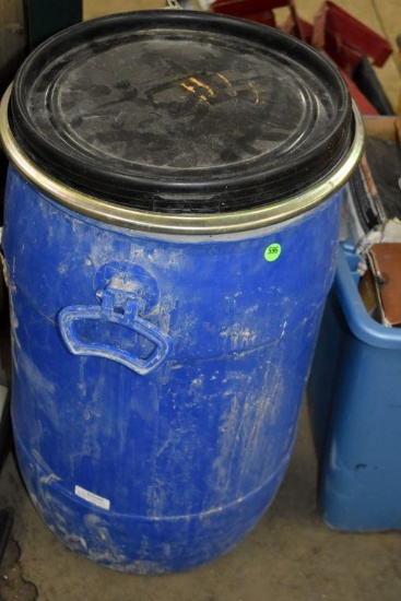 Plastic Barrel with Lid Containing: Mixer Head, Kraft Tool Co 24" Gauge Rake, Concrete Shoe