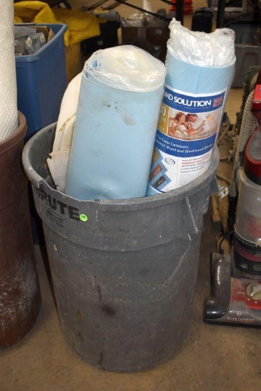 Brute Garbage Can Containing Seal Foam Gasket Roll, Sound Solution underlayment Rolls, Foam
