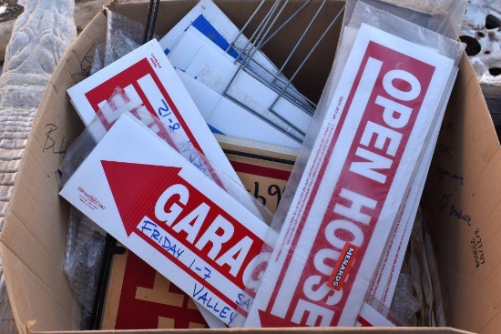 Box Containing Yard Signs: "Yard Sale", "Open House" and More