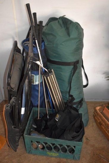 (3) Lawn Chairs, Tent, Horse Shoe Game, Assorted Outdoor Items