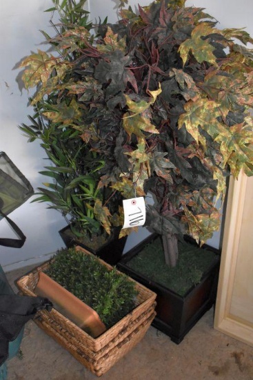 Assorted Faux Plants, (3) Wicker Baskets