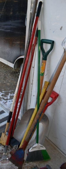 Assortment of Handled Tools: Libman Brooms, Aluminum Scoop Shovel, Push Broom, Scrapes