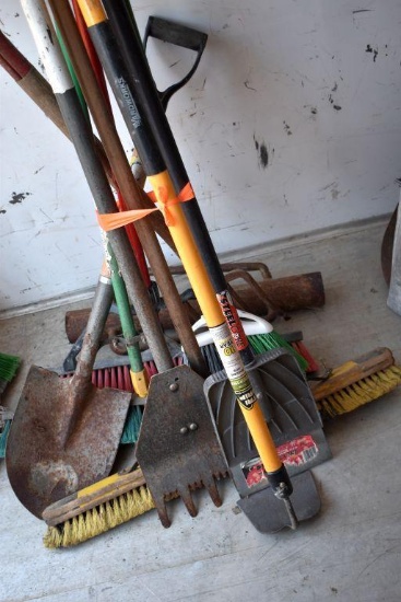 Assortment of Handled Tools: Steel Core 8" Scraper, Push Brooms, Post Pounder, Shovel, Shingle