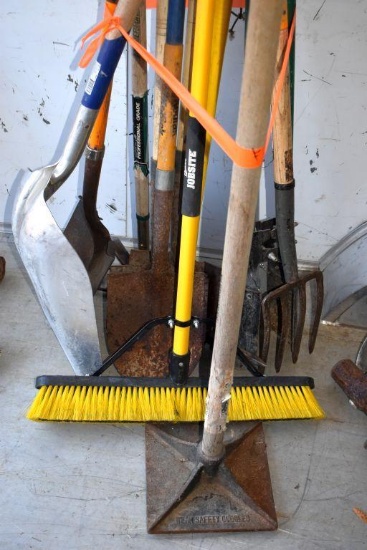 Assortment of Handled Tools: Aluminum Scoop Shovel, Push Broom, Hand Tamper, Post Hole