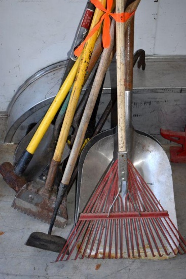 Assortment of Handled Tools: Maul, Shingle Rake, Shovel, Potato Fork, Aluminum Scoop Shovels