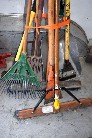 Assortment of Handled Tools: Scoop Shovel, Scraper, Push Brooms, Rake, Potato Fork, Maul, Other