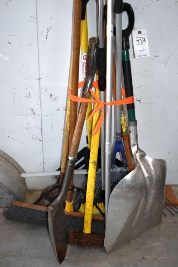Assortment of Handled Tools: Aluminum Scoop Shovel, Rake, Maul, Shovel, Snow Pusher, Shingle