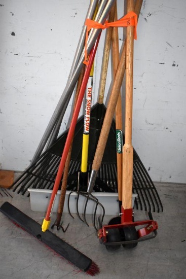 Assortment of Handled Tools: Poly Snow Pusher, Pitch Fork, Push Broom, Rake, Hoe, Other