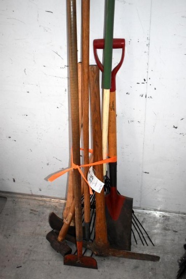 Assortment of Handled Tools: Scraper, Maul, Pick, Rakes, Axe