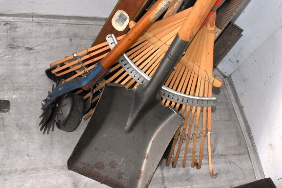 Assortment of Handled Tools: Yard Edger, Rake, Shovel, Level, Push Broom, Other Assorted Tools