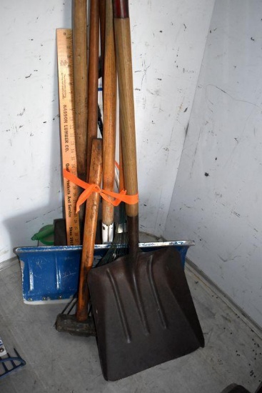 Assortment of Handled Tools: Scoop Shovel, Maul, Snow Shovel, Rake, Shovels, Hoe