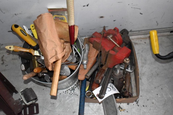 Galvanized Bucket Containing Wood Mallet, Tape Measures, Vise Grip, Paint Brush, Putty Knife