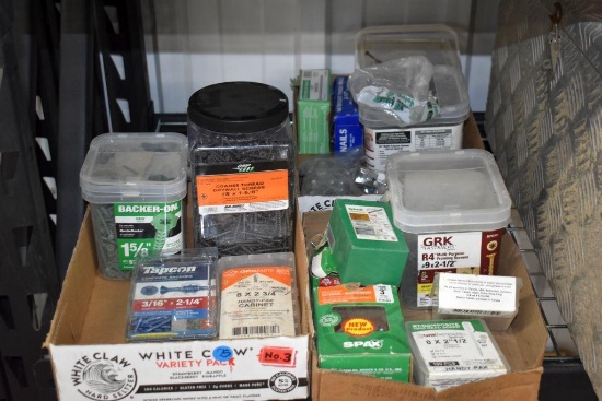 (3 Flats) Assorted Drywall Screws, Bolts, Nails, Concrete Screws