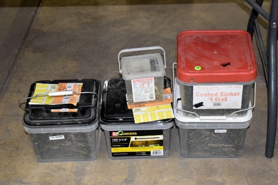 (4 Buckets) Assorted Nails, (1 Bucket) Concrete Anchors