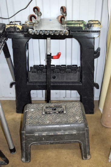 (2) Folding Saw Horses, Step Stool, Roller Stand, 4 Wheel Rolling Pad