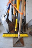 Assortment of Handled Tools: Aluminum Scoop Shovel, Push Broom, Hand Tamper, Post Hole
