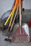 Assortment of Handled Tools: Maul, Shingle Rake, Shovel, Potato Fork, Aluminum Scoop Shovels