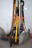Assortment of Handled Tools: Aluminum Scoop Shovel, Rake, Maul, Shovel, Snow Pusher, Shingle