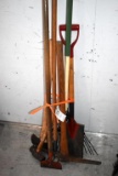 Assortment of Handled Tools: Scraper, Maul, Pick, Rakes, Axe