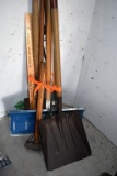 Assortment of Handled Tools: Scoop Shovel, Maul, Snow Shovel, Rake, Shovels, Hoe