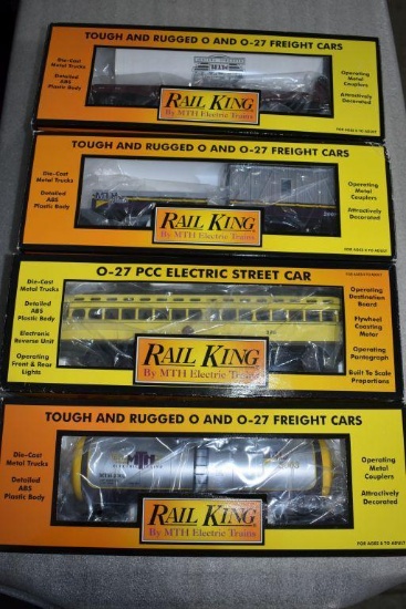 (4) Rail King by MTH Electric Trains: Modern Tank Car, Flatcar, Street Car, Crane Tender