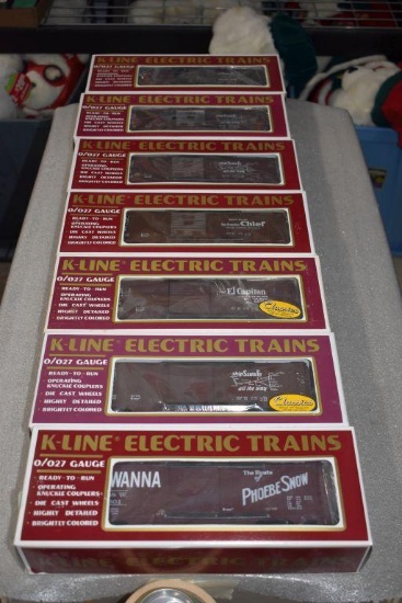 (7) K-Line Electric Trains: (3) Box Cars, Classic Map Cars, Texas Chief #6 Map Series Classic Box