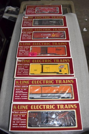 (7) K-Line Electric Trains: Box Cars, Hopper, Ore Car, SFRD Classic Reefer #7 "Grand Canyon"