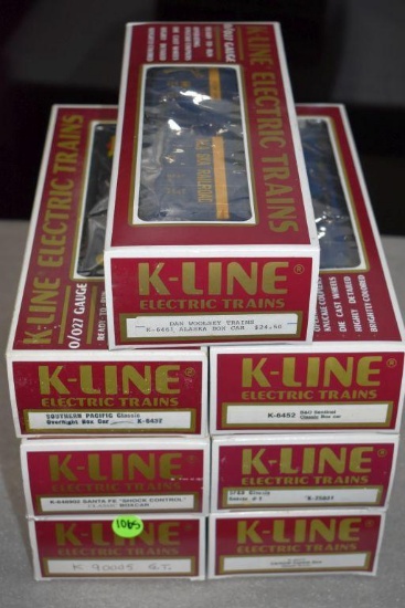 (7) K-Line Electric Trains: Box Cars, Reefer, D&RGW Cookie Box Classic Box Car