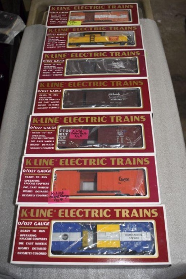 (7) K-Line Electric Trains: Box Cars, Tank Car, Reefer