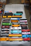 Assorted HO Scale Railroad Cars: Box Cars, Tanker Cars, Flat Cars