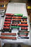 Assorted HO Scale railroad Cars: Flat Cars, Passenger Cars, Material Cars