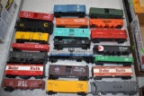 Assorted HO Scale Railroad Cars: Box Cars, Material Cars, Tanker Cars