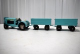 60's Tonka Airline Tug with (2) Baggage Trailers, Teal Color (Rare), Good Original Toy