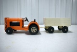 60's Airport Tug with Baggage Trailer, Orange Color (rare), Good Original Toy