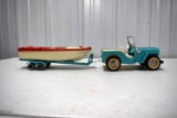 60's Tonka Jeep with Boat Trailer and Plastic Boat