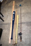 Fishing Pole with Reel, (2) Wooden Signed Baseball Bats, Advertising Yard Sticks