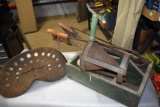 Pressed Iron Seat, Meat Saws, Apple Sauce Maker, Wooden Tool Caddy