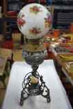 Electric Mock Oil Lamp with Floral Glass Globe