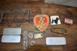 Vintage Monogram Bracelet, Valentine, Midol Tin, Schrader Tire Valve Caps Tin, Purse Frame