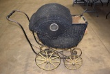 Vintage Wicker Baby Carriage with Wooden Spoked Wheels; Used Condition