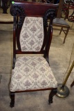 Vintage Victorian Style Wooden Framed Padded Parlor Chair with Rollers on Front Legs