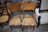 (2) Press Back Oak Wood Framed Cane Bottom Chairs