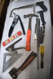 Assorted Tools: Drill Bits, Hammer Stapler, Deutsch HDT-48-00, Level, Speed Square and More