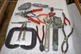 Assorted Tools: C Clamps, Hammer Stapler, Crescent Wrench, Pliers, Tin Snips and More